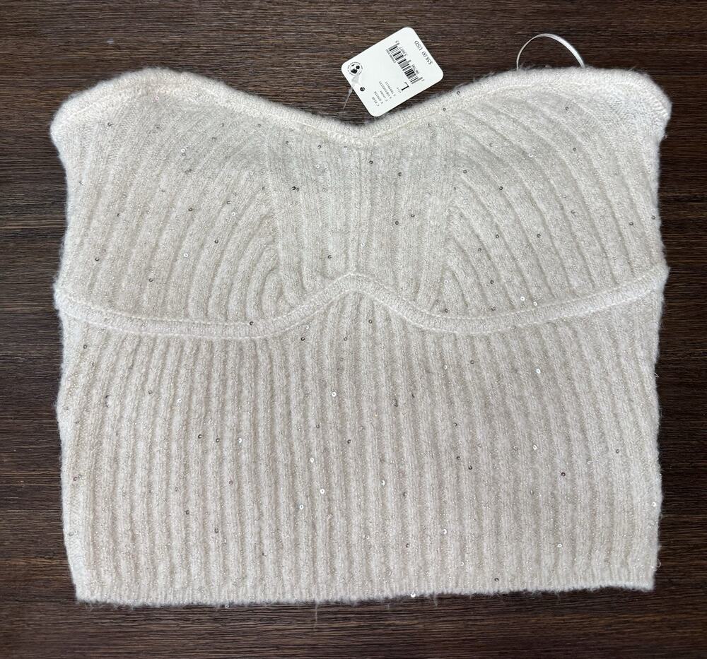 Free People Knit Corset Top Crop Cream Sequin NWT $58 L